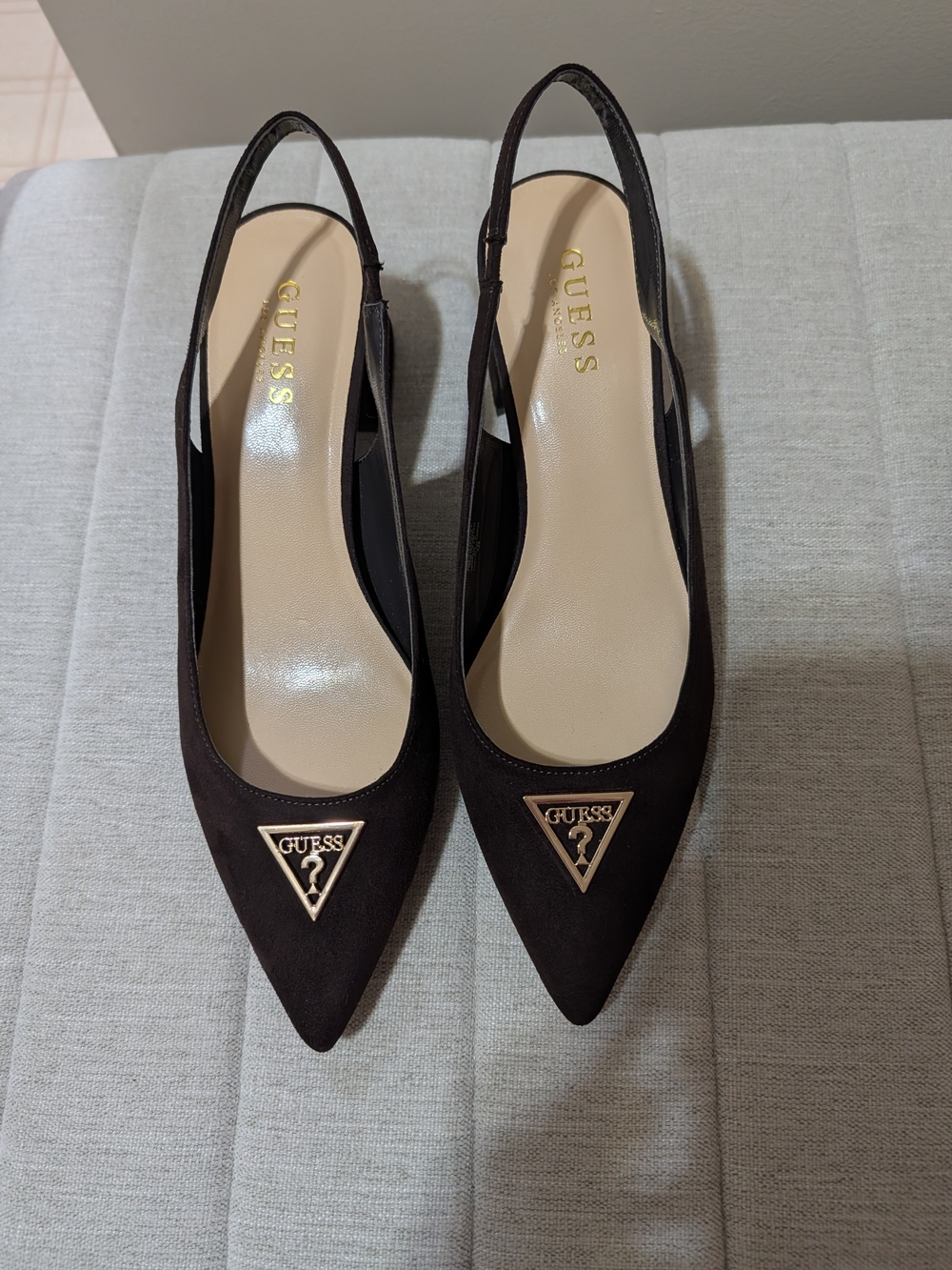 GUESS Chocolate Brown Pointed Slingbacks with Gold Logo